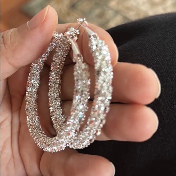 Large Full Rhinestone Hoop Earrings Silver Plated Delicate Jewelry Party Holiday - Picture 2 of 6